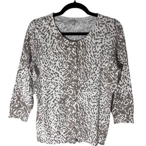 Talbots Womens Lightweight 3/4 Sleeve Button Up Cardigan Animal Print Tan Medium